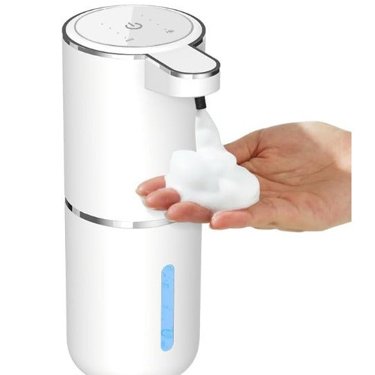 White Automatic Foaming Soap Dispenser with Rechargeable Battery, Touch Control, and 380ml Capacity - IPX5 Waterproof