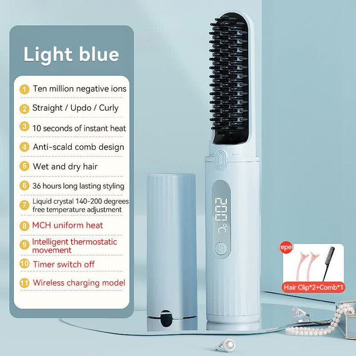 Cordless Hair Straightener Brush with Adjustable Temperature - Blue